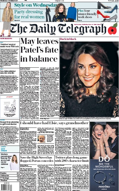 The Daily Telegraph Newspaper Front Page for 8 November 2017