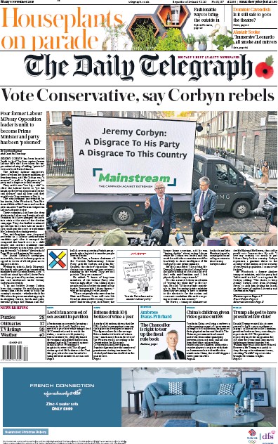 The Daily Telegraph (UK) Newspaper Front Page for 8 November 2019