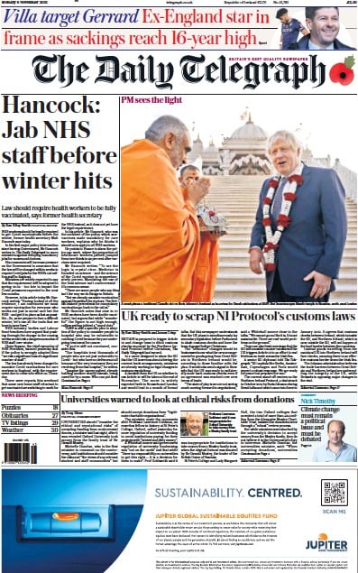 The Daily Telegraph (UK) Newspaper Front Page for 8 November 2021