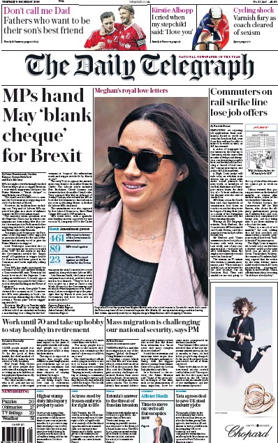 The Daily Telegraph Newspaper Front Page for 8 December 2016