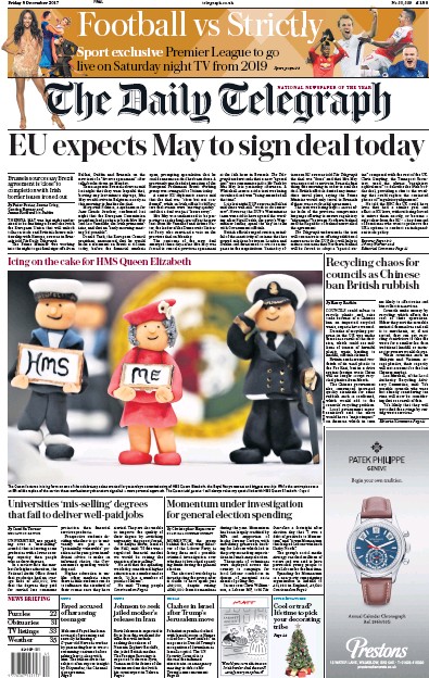 The Daily Telegraph Newspaper Front Page for 8 December 2017