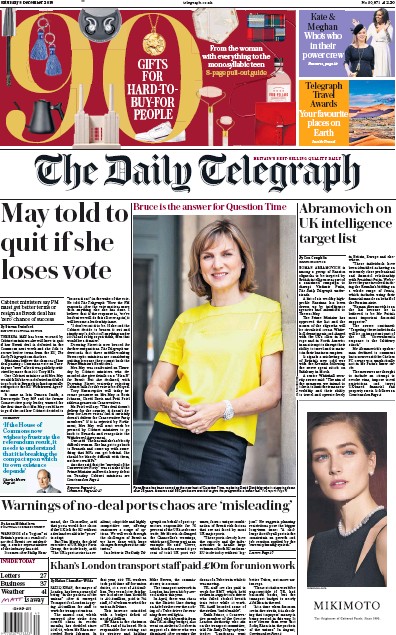 The Daily Telegraph Newspaper Front Page for 8 December 2018