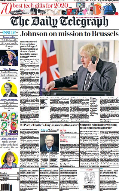 The Daily Telegraph Newspaper Front Page for 8 December 2020
