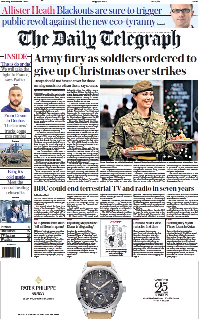 The Daily Telegraph (UK) Newspaper Front Page for 8 December 2022