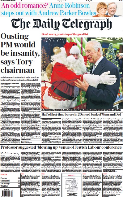 The Daily Telegraph (UK) Newspaper Front Page for 8 December 2023