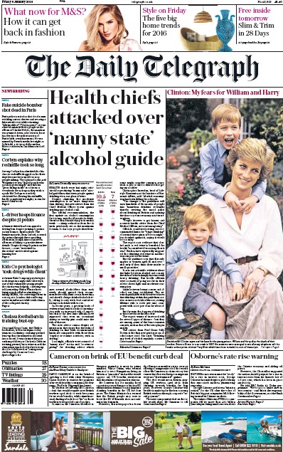 The Daily Telegraph Newspaper Front Page for 8 January 2016