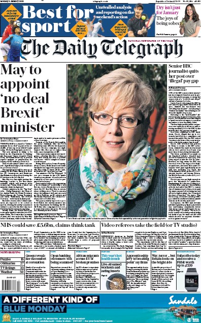 The Daily Telegraph Newspaper Front Page for 8 January 2018