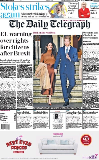 The Daily Telegraph Newspaper Front Page for 8 January 2020