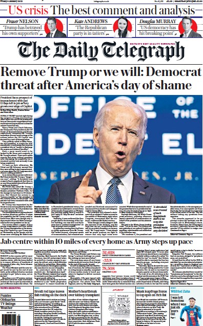 The Daily Telegraph Newspaper Front Page for 8 January 2021