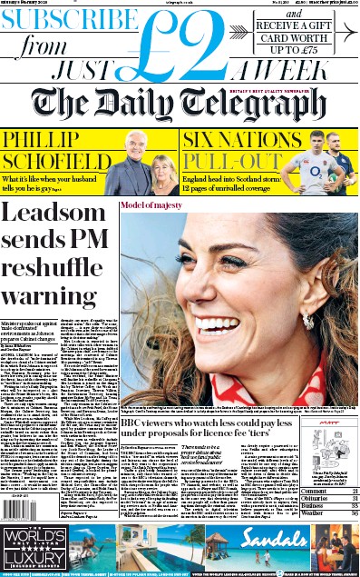 The Daily Telegraph (UK) Newspaper Front Page for 8 February 2020