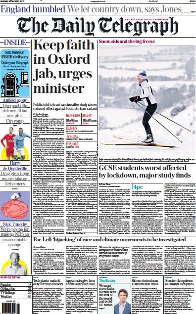 The Daily Telegraph Newspaper Front Page for 8 February 2021