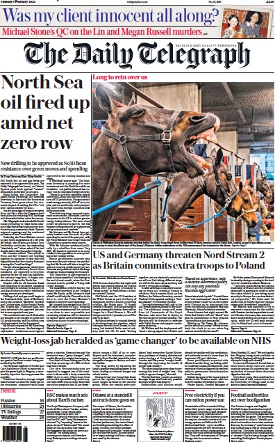 The Daily Telegraph Newspaper Front Page for 8 February 2022