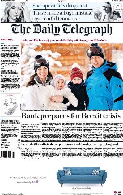 The Daily Telegraph (UK) Newspaper Front Page for 8 March 2016