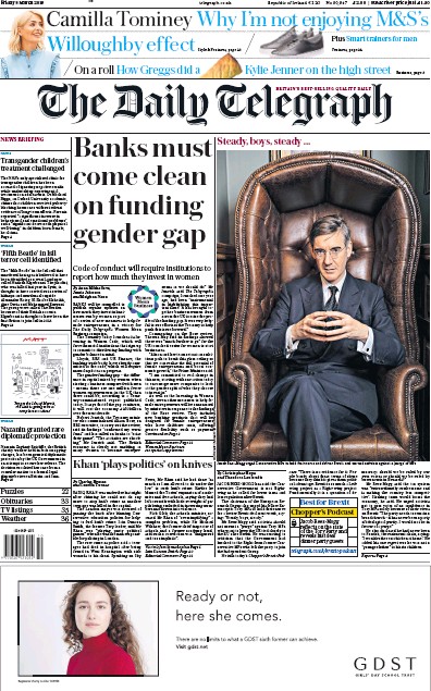 The Daily Telegraph Newspaper Front Page for 8 March 2019