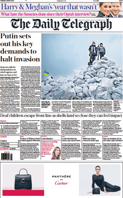 The Daily Telegraph (UK) Newspaper Front Page for 8 March 2022