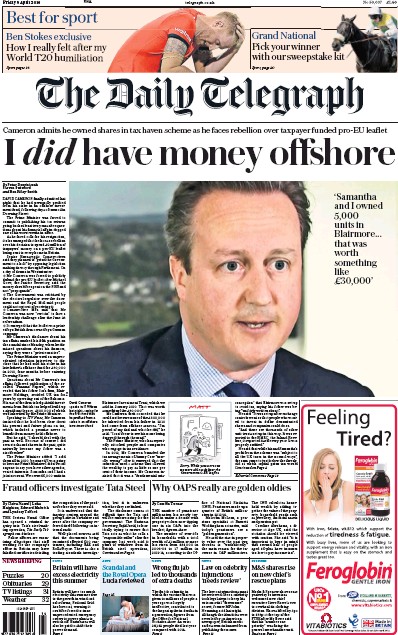 The Daily Telegraph Newspaper Front Page for 8 April 2016