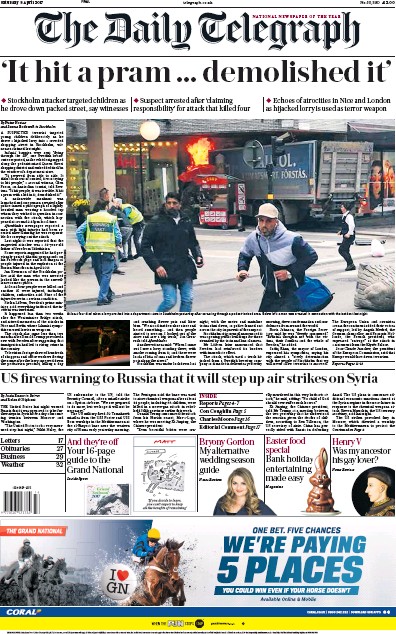 The Daily Telegraph Newspaper Front Page for 8 April 2017