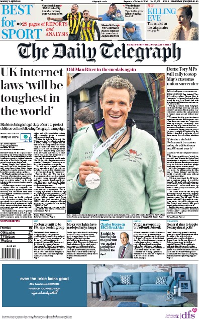The Daily Telegraph Newspaper Front Page for 8 April 2019