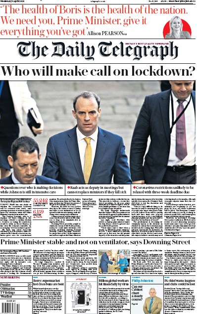 The Daily Telegraph Newspaper Front Page for 8 April 2020