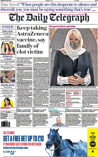The Daily Telegraph (UK) Newspaper Front Page for 8 April 2021