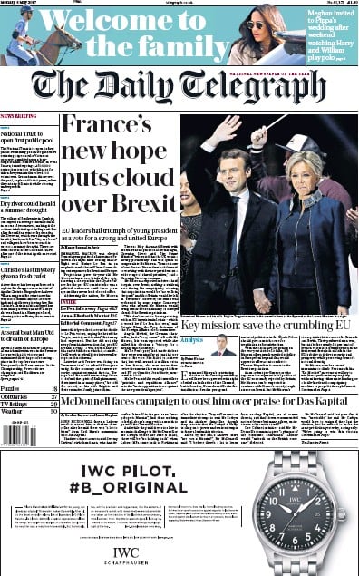 The Daily Telegraph Newspaper Front Page for 8 May 2017