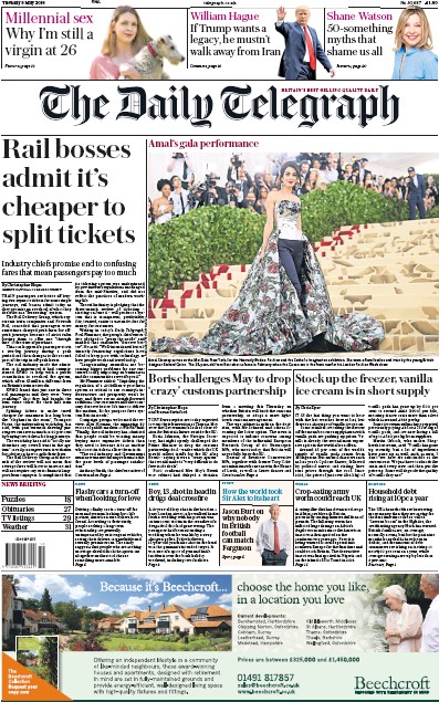 The Daily Telegraph (UK) Newspaper Front Page for 8 May 2018