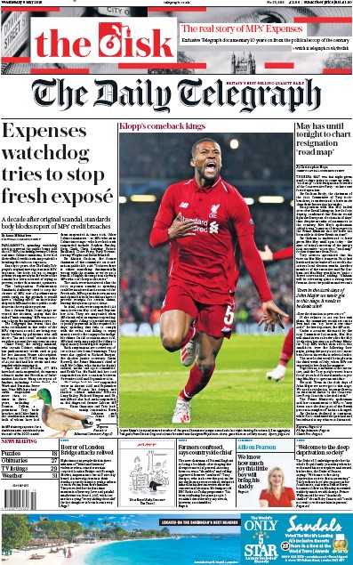 The Daily Telegraph Newspaper Front Page for 8 May 2019