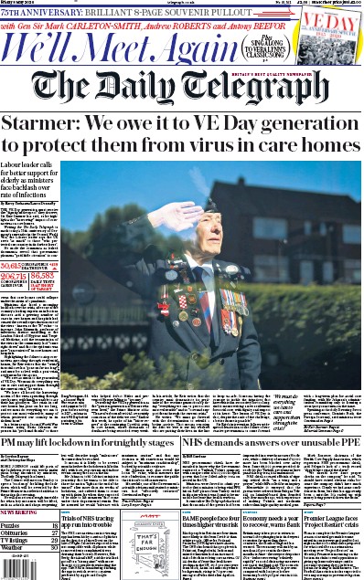 The Daily Telegraph Newspaper Front Page for 8 May 2020