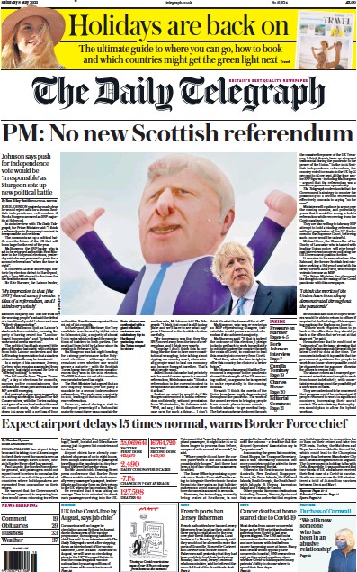 The Daily Telegraph (UK) Newspaper Front Page for 8 May 2021
