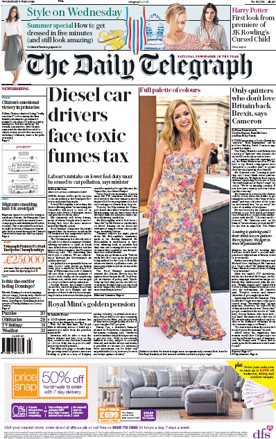 The Daily Telegraph (UK) Newspaper Front Page for 8 June 2016