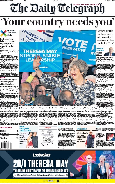 The Daily Telegraph (UK) Newspaper Front Page for 8 June 2017