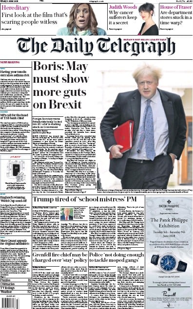 The Daily Telegraph Newspaper Front Page for 8 June 2018