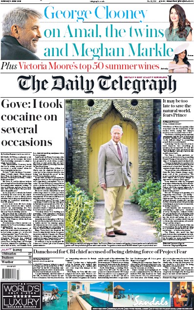 The Daily Telegraph Newspaper Front Page for 8 June 2019