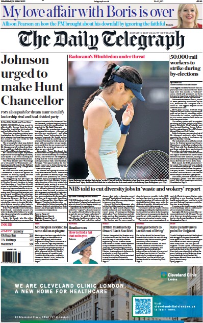 The Daily Telegraph (UK) Newspaper Front Page for 8 June 2022