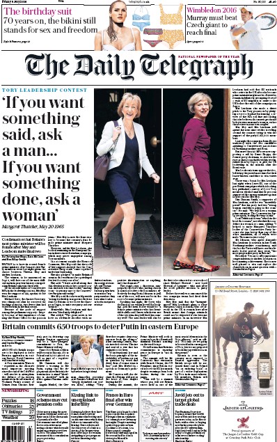 The Daily Telegraph Newspaper Front Page for 8 July 2016