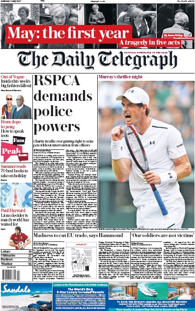 The Daily Telegraph Newspaper Front Page for 8 July 2017