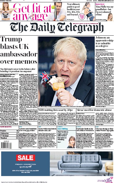 The Daily Telegraph Newspaper Front Page for 8 July 2019