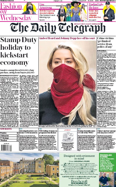 The Daily Telegraph Newspaper Front Page for 8 July 2020