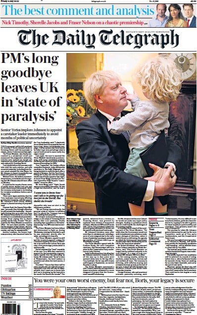 The Daily Telegraph (UK) Newspaper Front Page for 8 July 2022