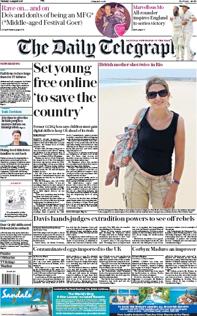 The Daily Telegraph Newspaper Front Page for 8 August 2017