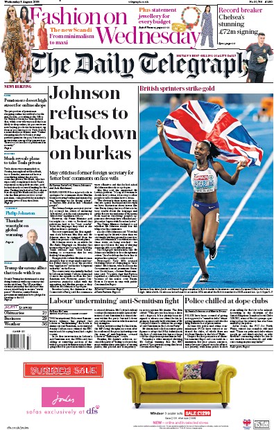 The Daily Telegraph Newspaper Front Page for 8 August 2018