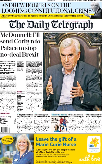 The Daily Telegraph (UK) Newspaper Front Page for 8 August 2019