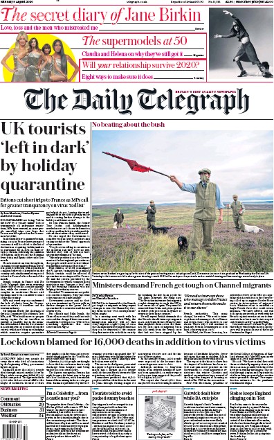The Daily Telegraph Newspaper Front Page for 8 August 2020