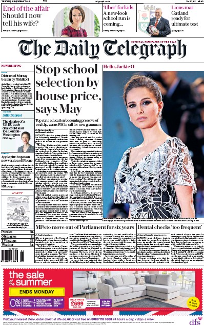 The Daily Telegraph Newspaper Front Page for 8 September 2016