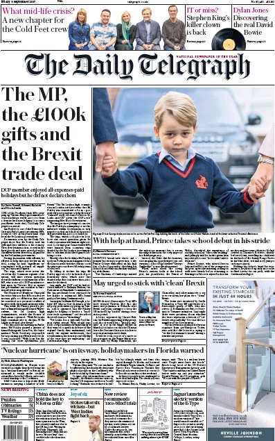 The Daily Telegraph Newspaper Front Page for 8 September 2017
