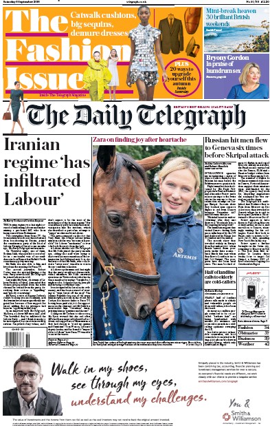 The Daily Telegraph Newspaper Front Page for 8 September 2018