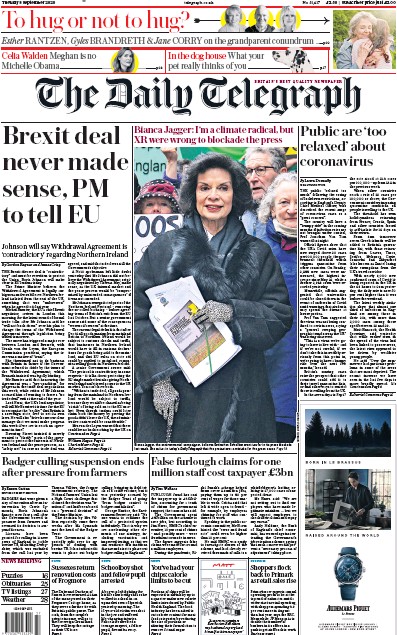 The Daily Telegraph Newspaper Front Page for 8 September 2020