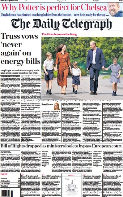 The Daily Telegraph (UK) Newspaper Front Page for 8 September 2022