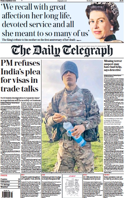 The Daily Telegraph (UK) Newspaper Front Page for 8 September 2023