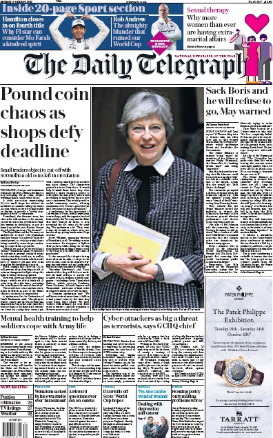 The Daily Telegraph Newspaper Front Page for 9 October 2017